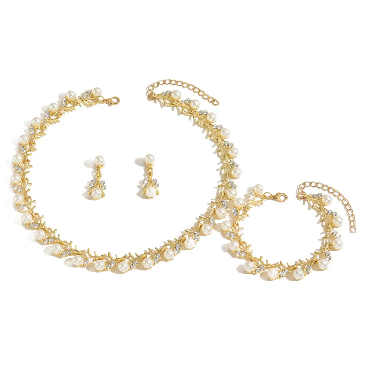 2025 Luxury Pearl Necklace Earrings Bracelet Set Gold - Image 11