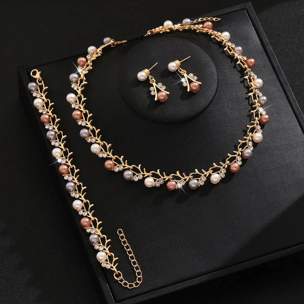 2025 Luxury Pearl Necklace Earrings Bracelet Set Gold - Image 4