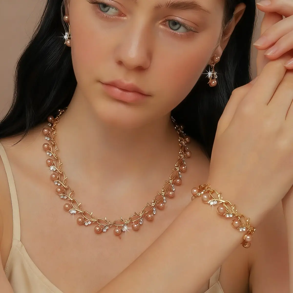 2025 Luxury Pearl Necklace Earrings Bracelet Set Gold - Image 8