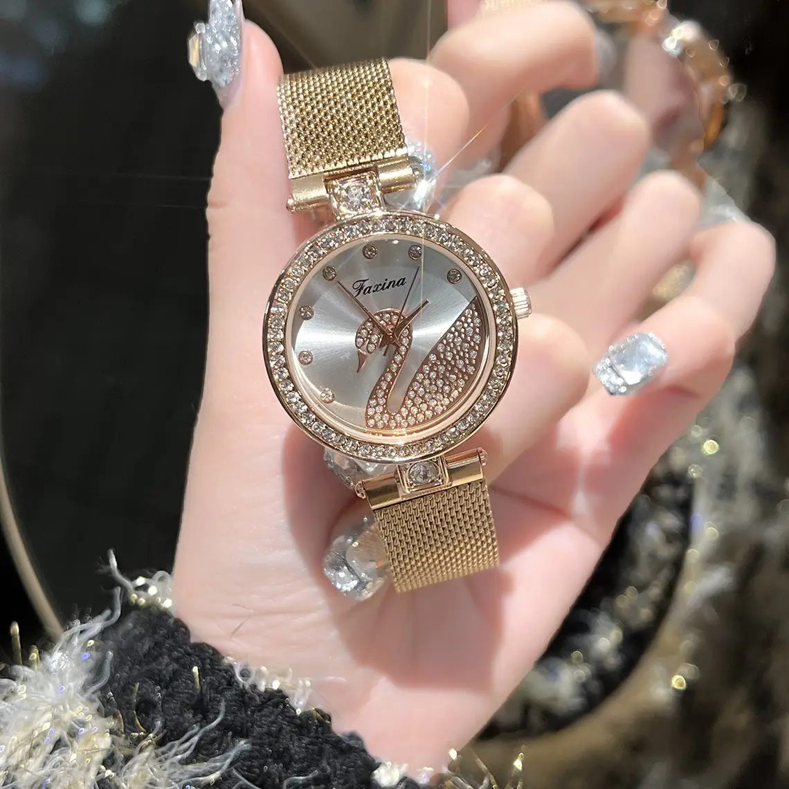 Women's Gold Crystal Swan Watch with Mesh Band - Image 6