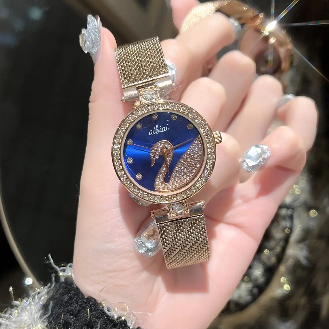 Women's Gold Crystal Swan Watch with Mesh Band - Image 7
