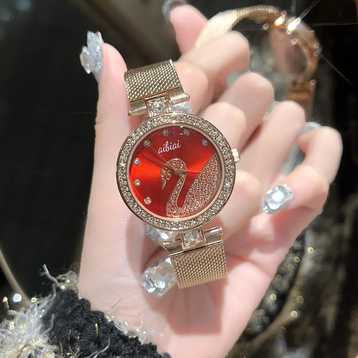 Women's Gold Crystal Swan Watch with Mesh Band - Image 8