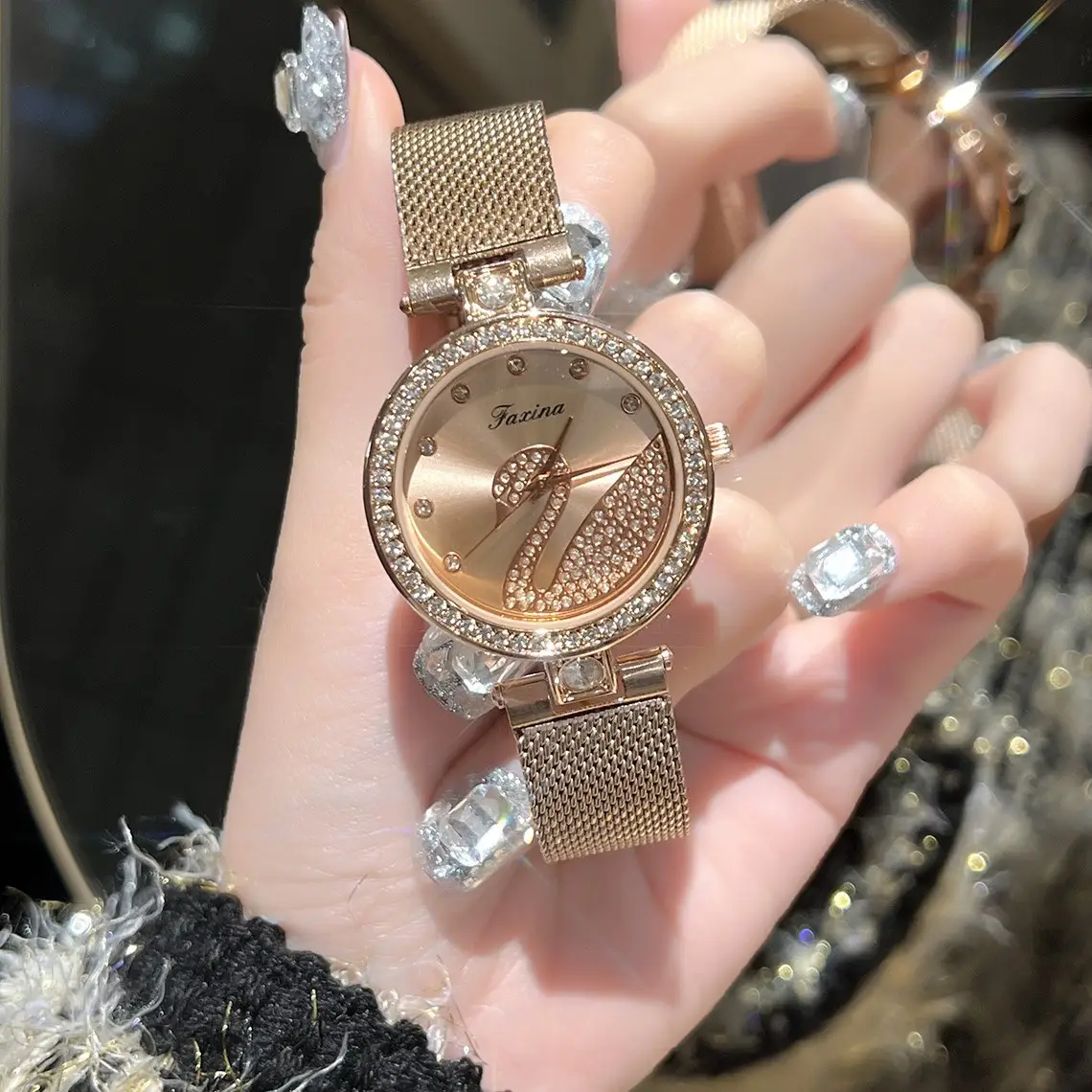 Women's Gold Crystal Swan Watch with Mesh Band - Image 9
