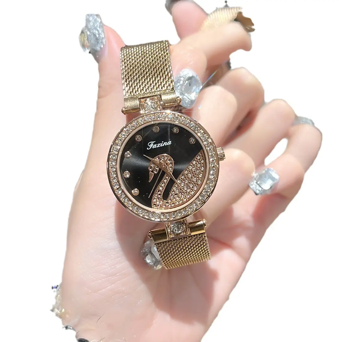 Women's Gold Crystal Swan Watch with Mesh Band - Image 10