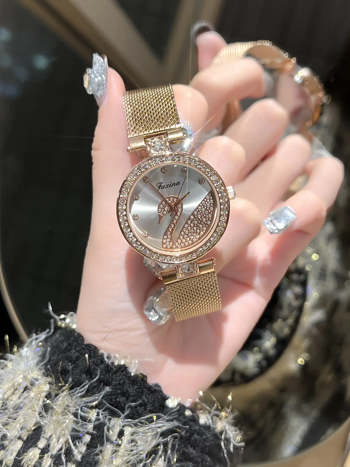 Women's Gold Crystal Swan Watch with Mesh Band — feature 1