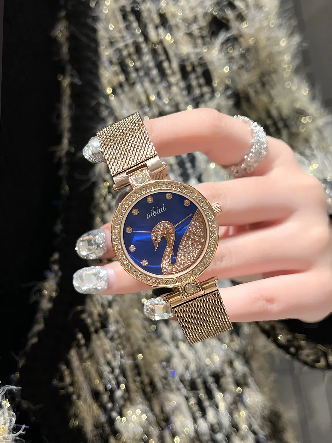 Women's Gold Crystal Swan Watch with Mesh Band — feature 10