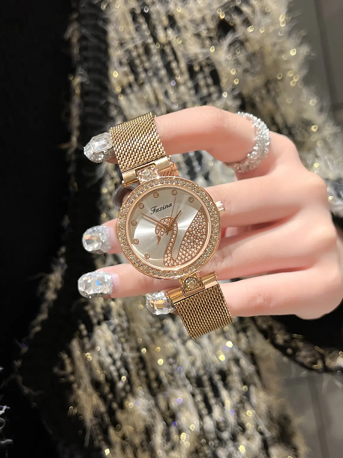 Women's Gold Crystal Swan Watch with Mesh Band — feature 11