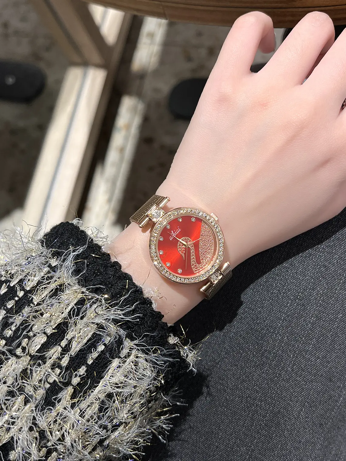 Women's Gold Crystal Swan Watch with Mesh Band — feature 12