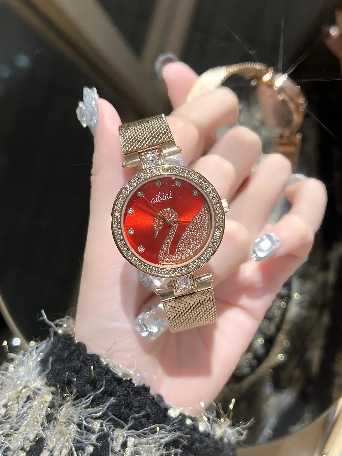 Women's Gold Crystal Swan Watch with Mesh Band — feature 3