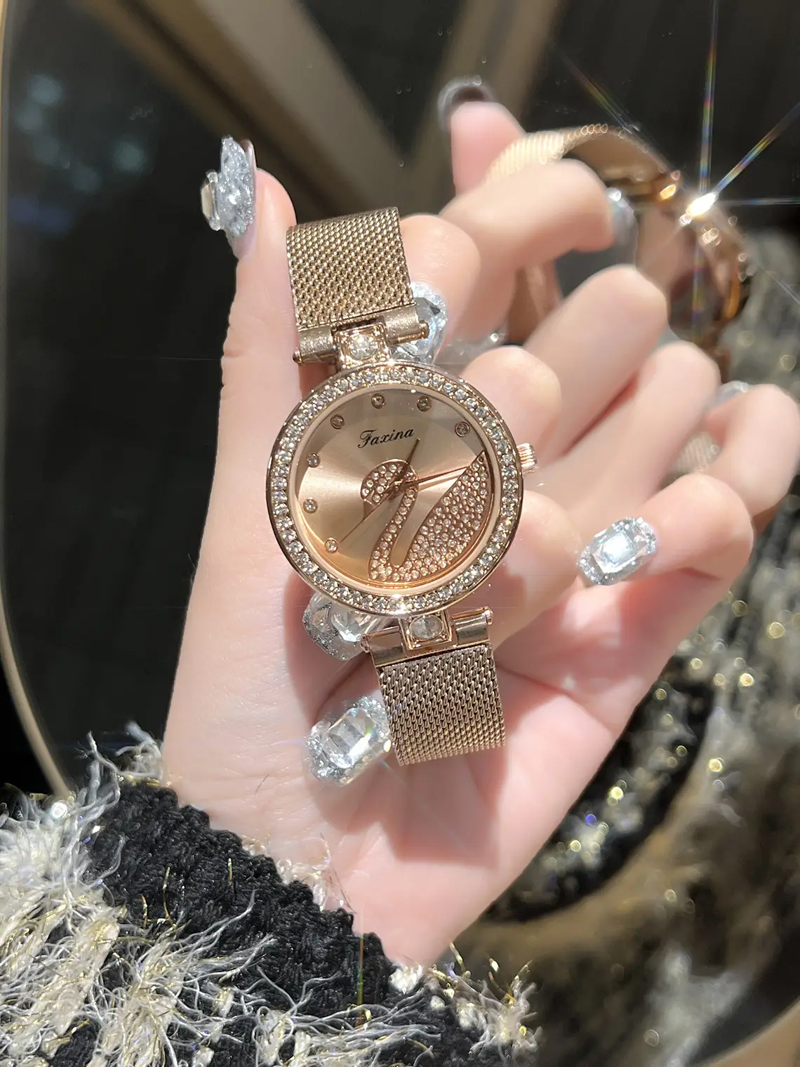 Women's Gold Crystal Swan Watch with Mesh Band — feature 4