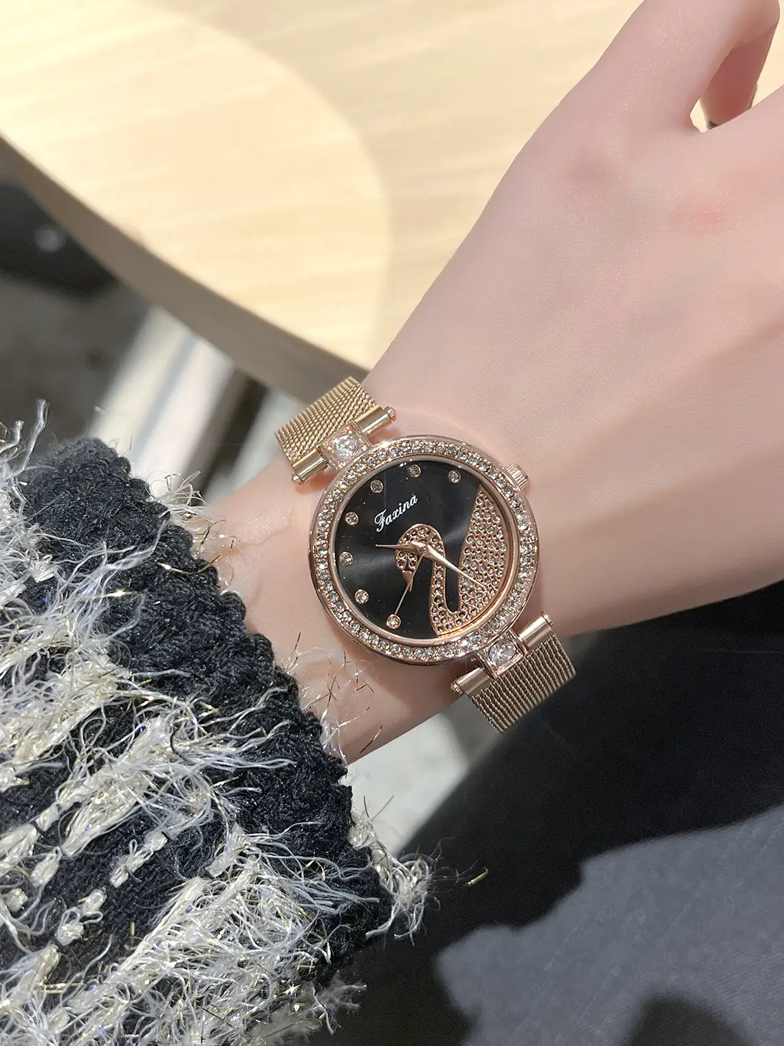 Women's Gold Crystal Swan Watch with Mesh Band — feature 6