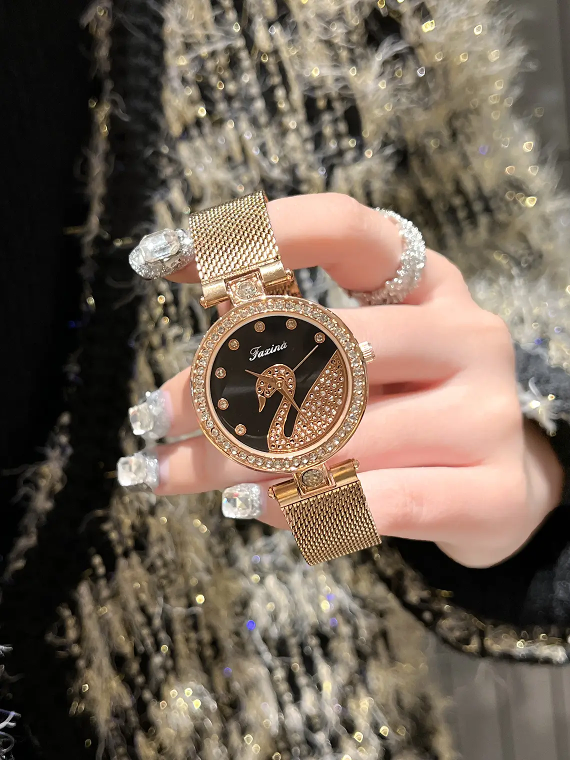 Women's Gold Crystal Swan Watch with Mesh Band — feature 7