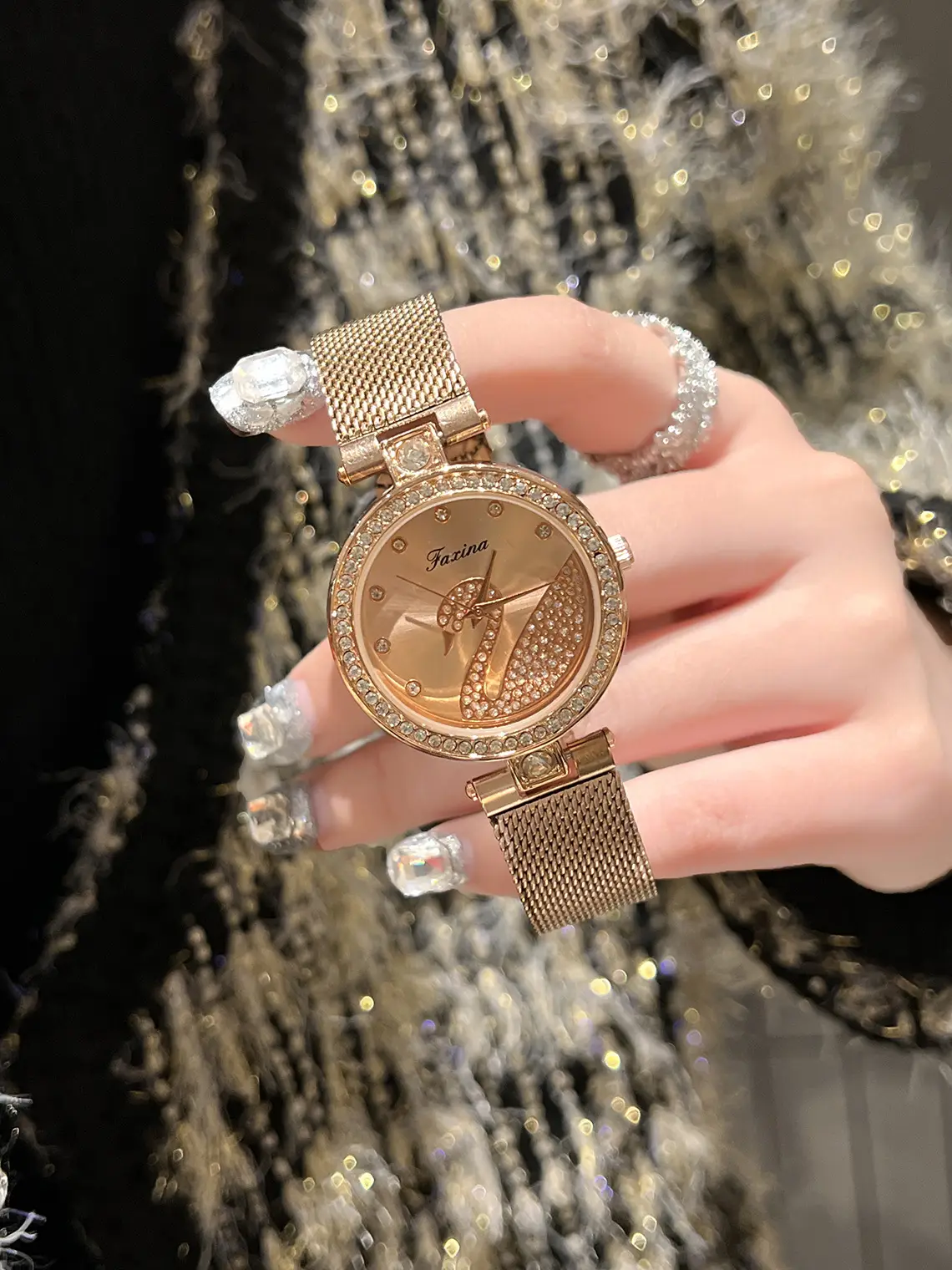 Women's Gold Crystal Swan Watch with Mesh Band — feature 8