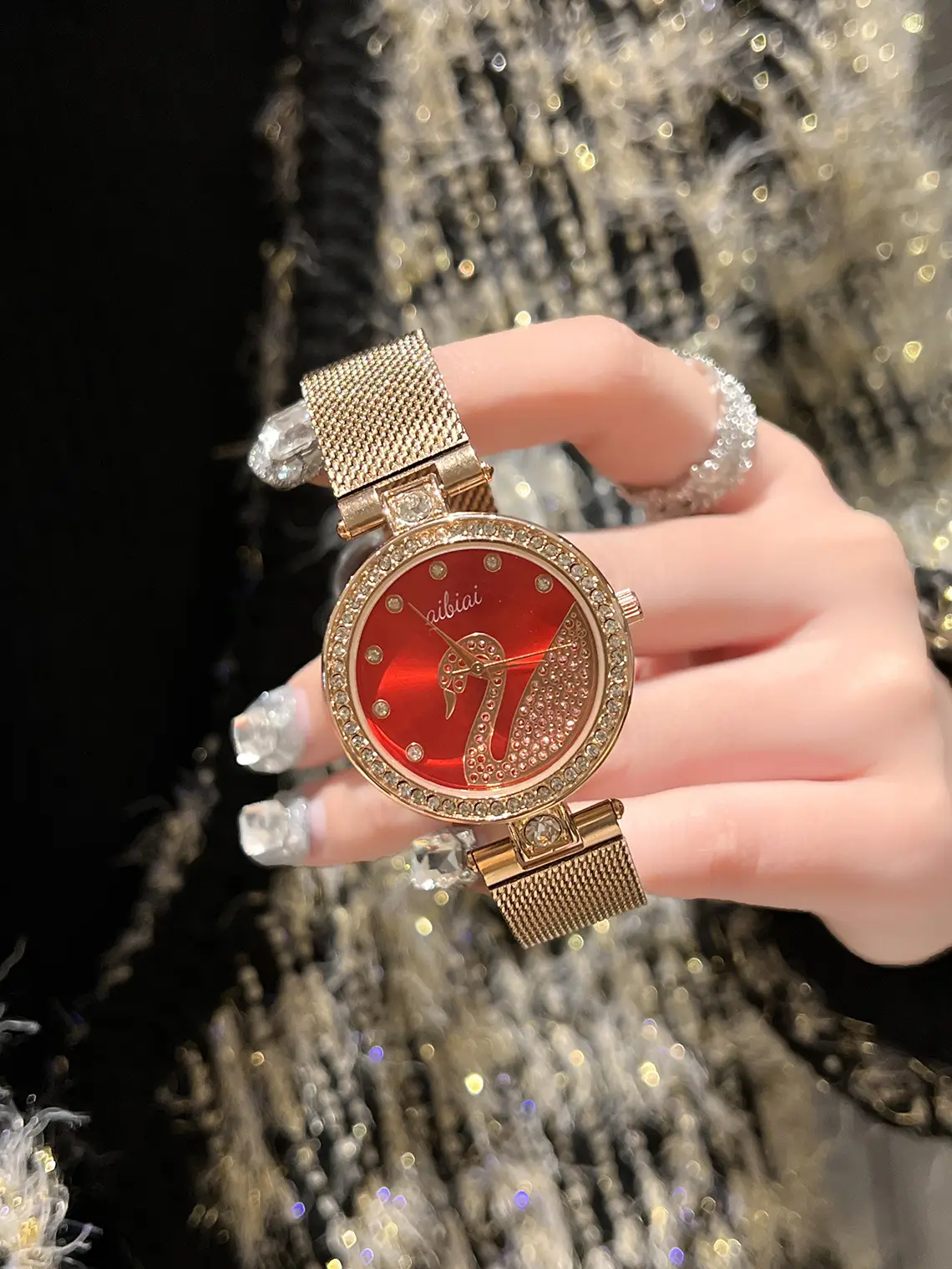 Women's Gold Crystal Swan Watch with Mesh Band — feature 9