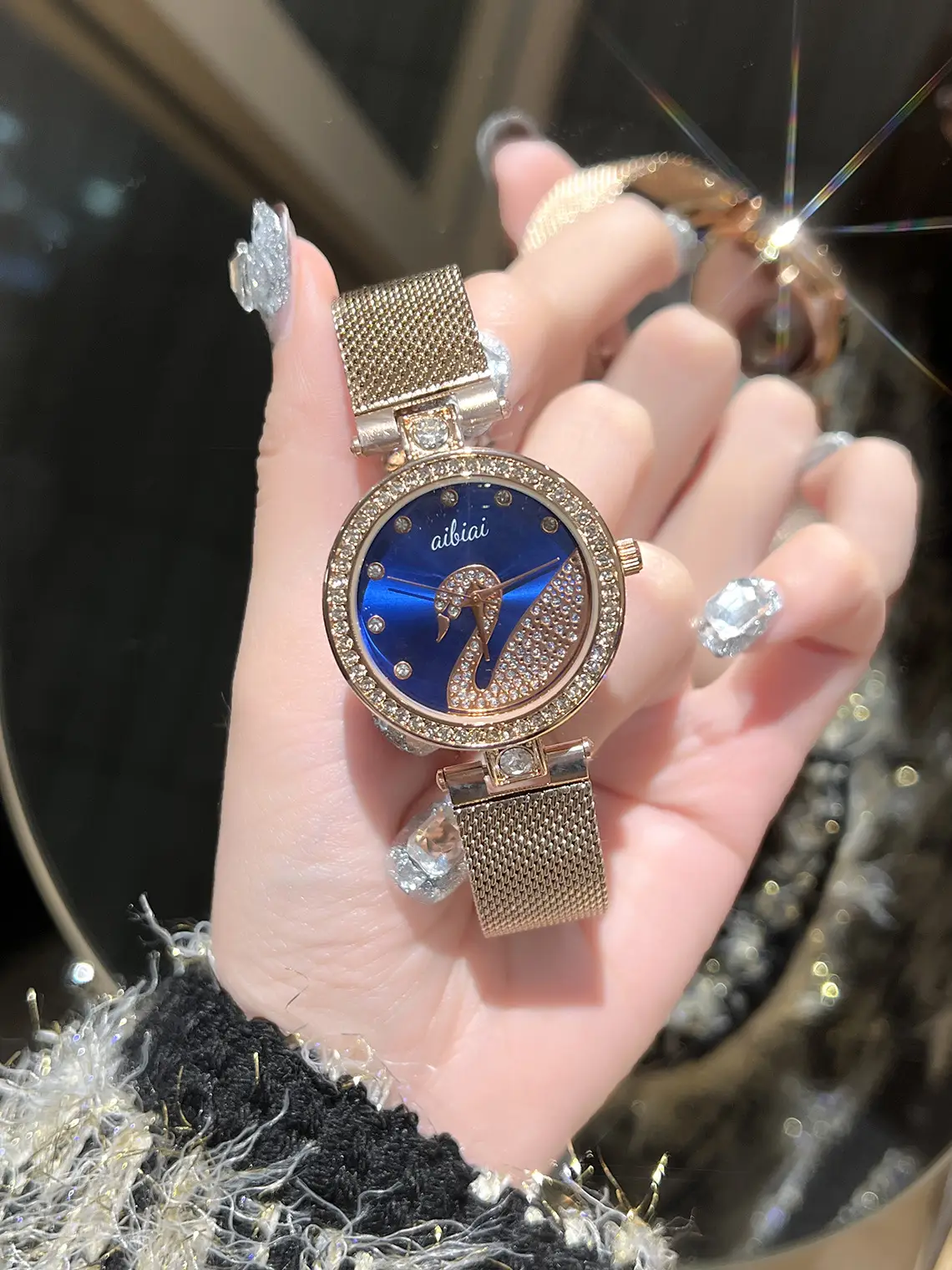 Women's Gold Crystal Swan Watch with Mesh Band - Image 2