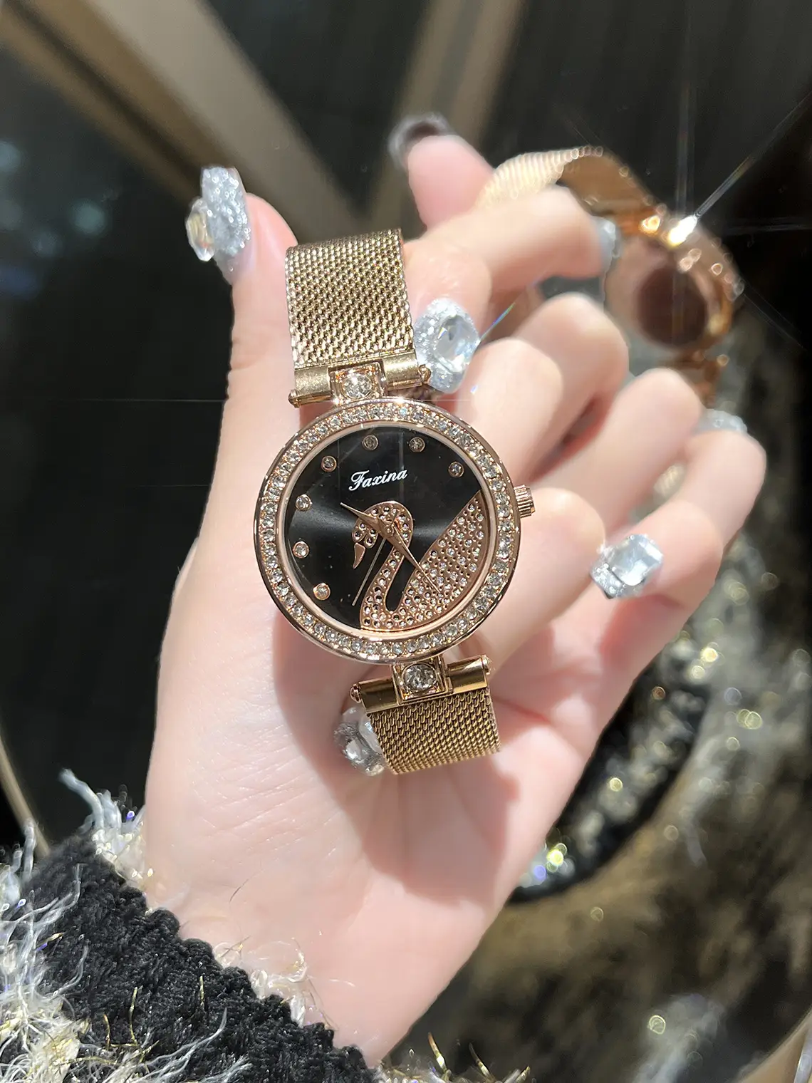 Women's Gold Crystal Swan Watch with Mesh Band - Image 5