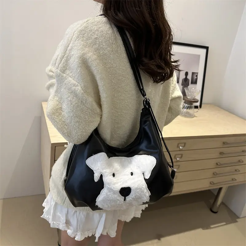 Women's Black Dog Face Shoulder Tote Bag Large Capacity - Image 8