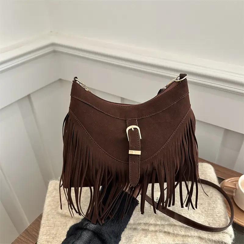 Korean Style Fringed Suede Shoulder Bag Brown - Image 6