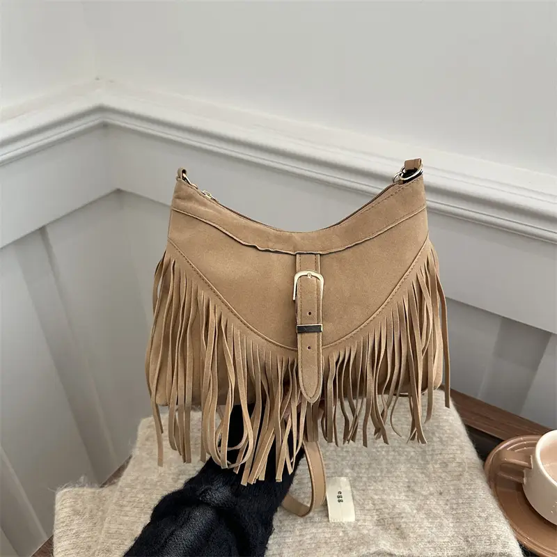 Korean Style Fringed Suede Shoulder Bag Brown - Image 7