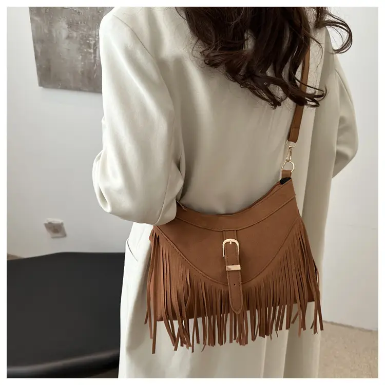 Korean Style Fringed Suede Shoulder Bag Brown — feature 12