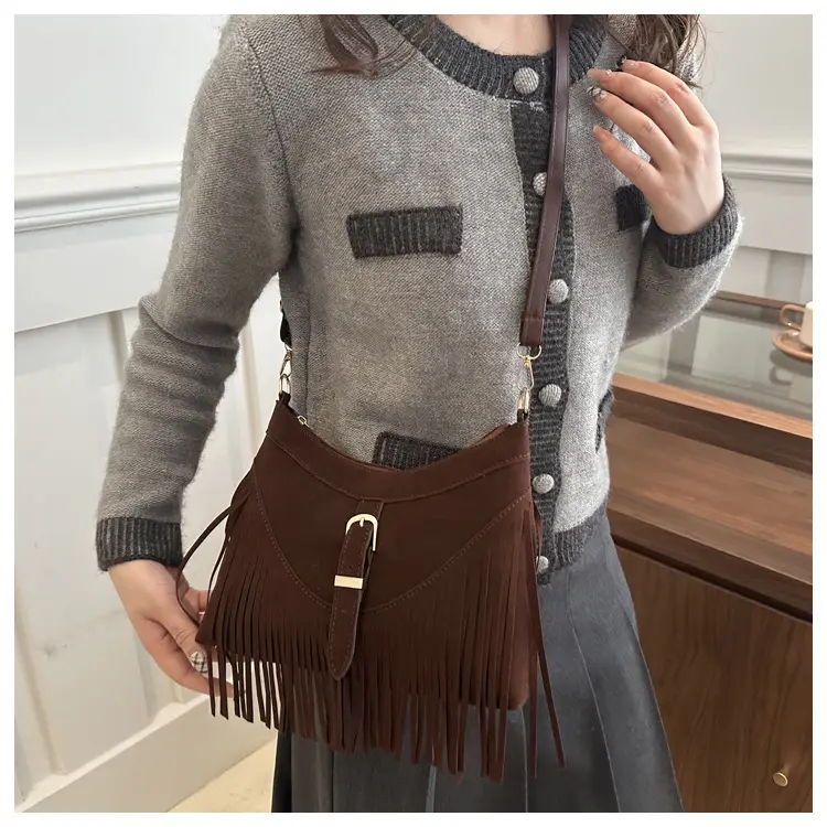 Korean Style Fringed Suede Shoulder Bag Brown — feature 14