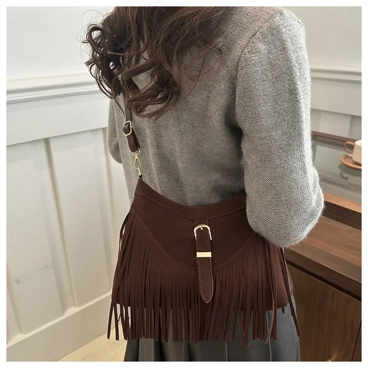 Korean Style Fringed Suede Shoulder Bag Brown — feature 15