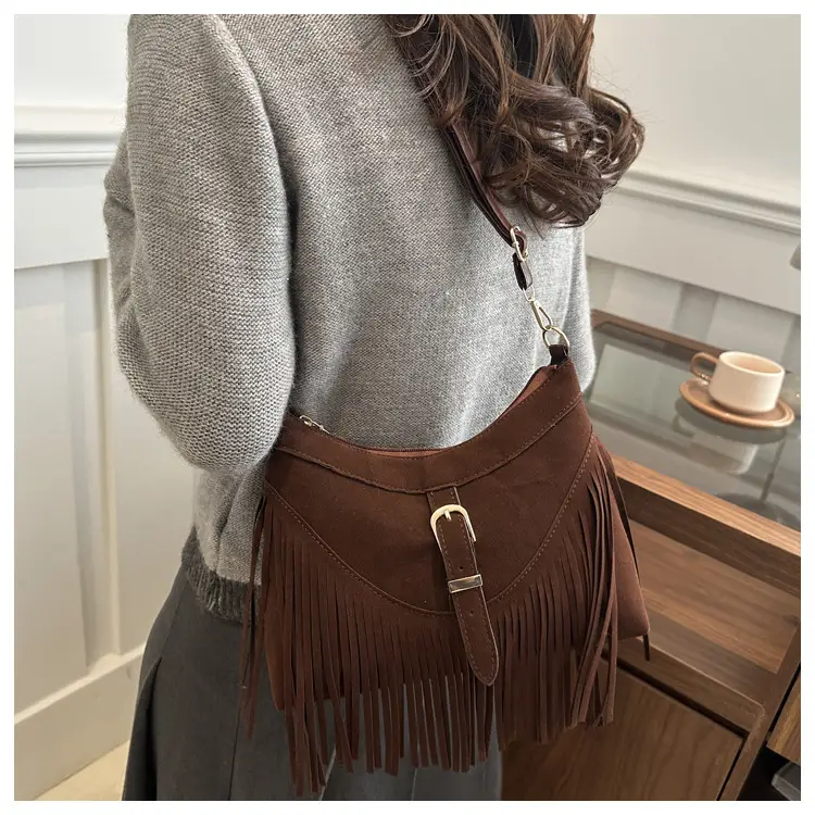 Korean Style Fringed Suede Shoulder Bag Brown — feature 16