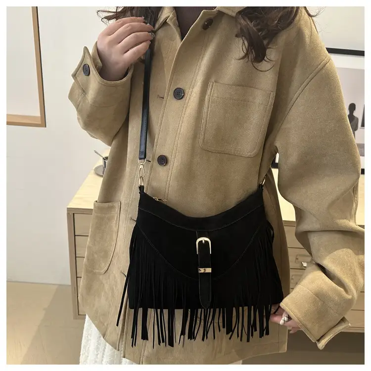 Korean Style Fringed Suede Shoulder Bag Brown — feature 17