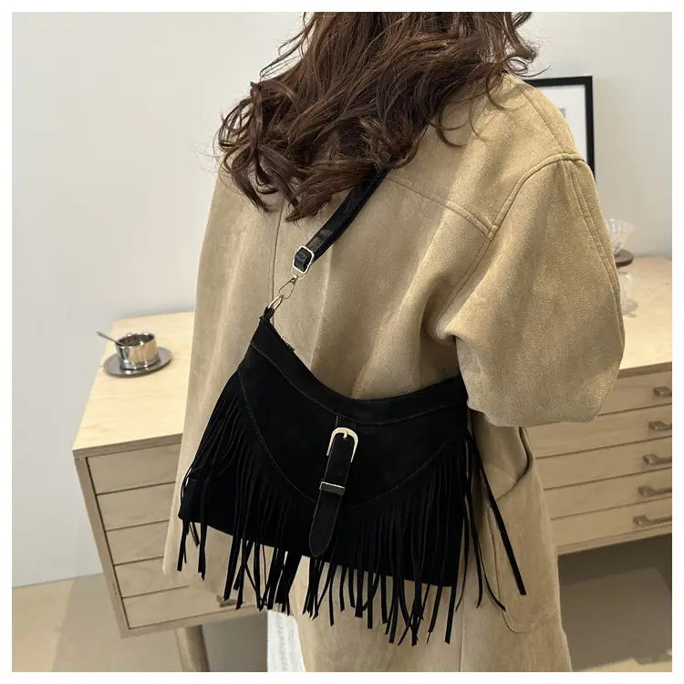Korean Style Fringed Suede Shoulder Bag Brown — feature 18