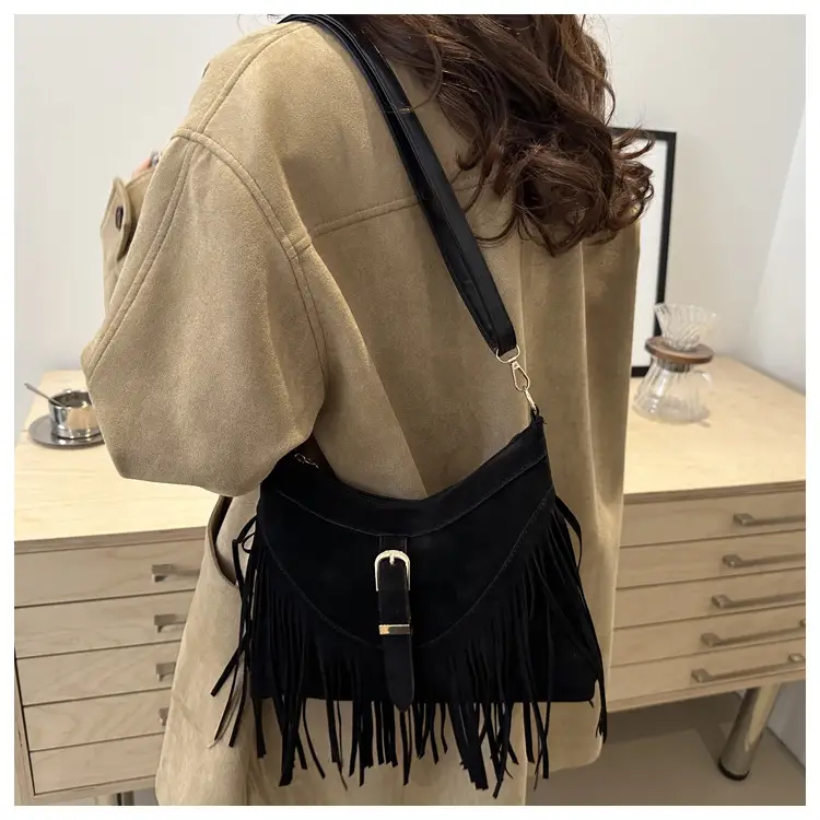 Korean Style Fringed Suede Shoulder Bag Brown — feature 19