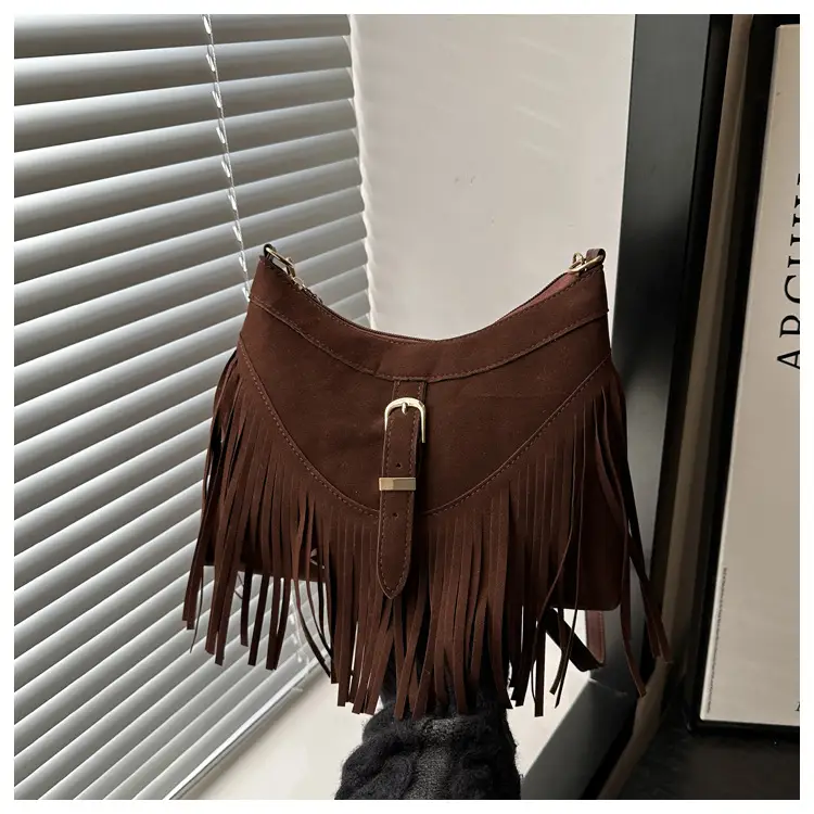 Korean Style Fringed Suede Shoulder Bag Brown — feature 23