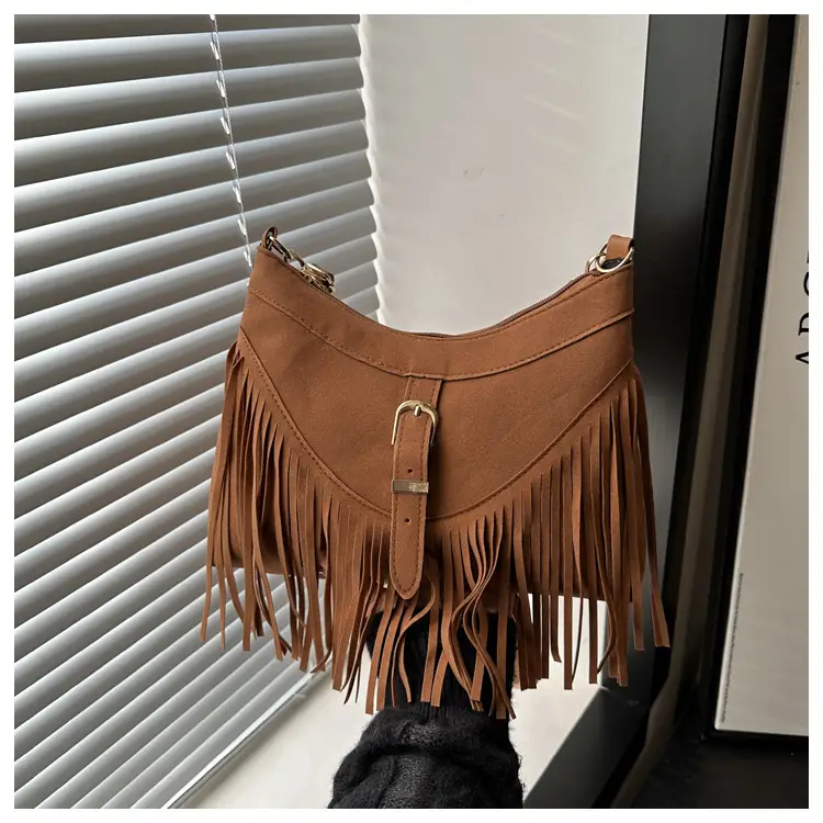 Korean Style Fringed Suede Shoulder Bag Brown — feature 24