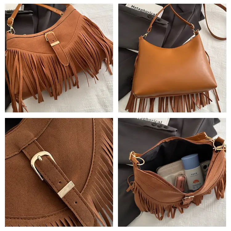 Korean Style Fringed Suede Shoulder Bag Brown — feature 7