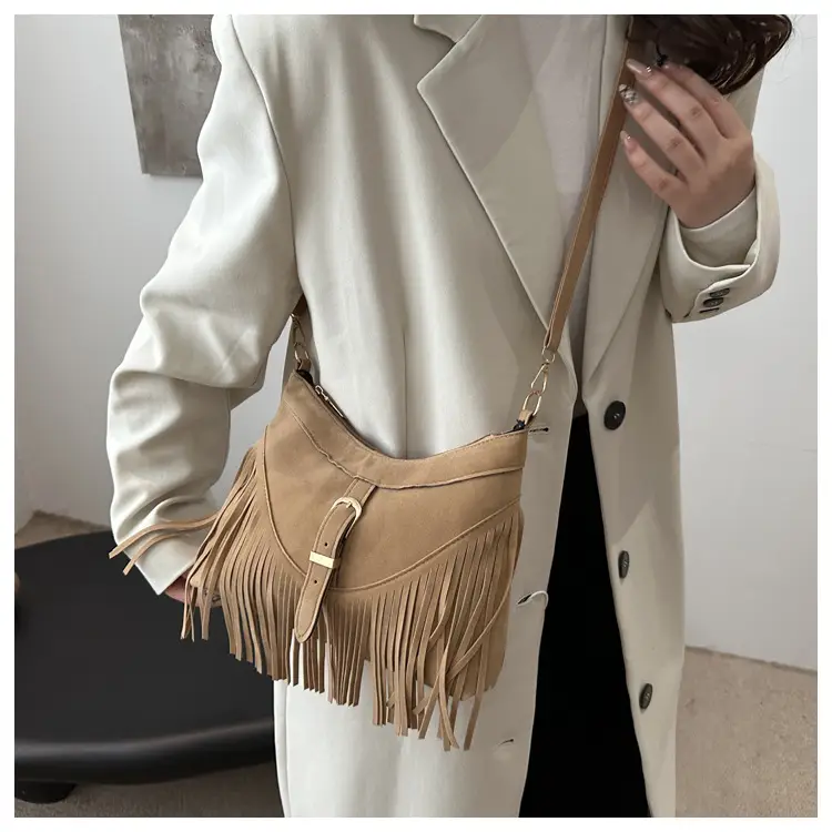 Korean Style Fringed Suede Shoulder Bag Brown — feature 9