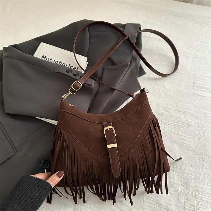 Korean Style Fringed Suede Shoulder Bag Brown - Image 3