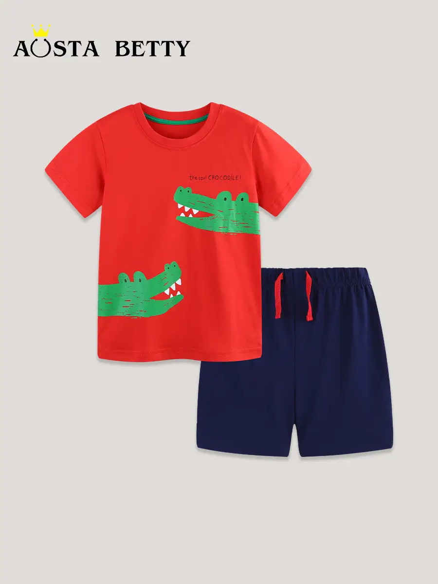 Summer New Boys Cotton Shorts Suit Red Green Frog Print - Image 3