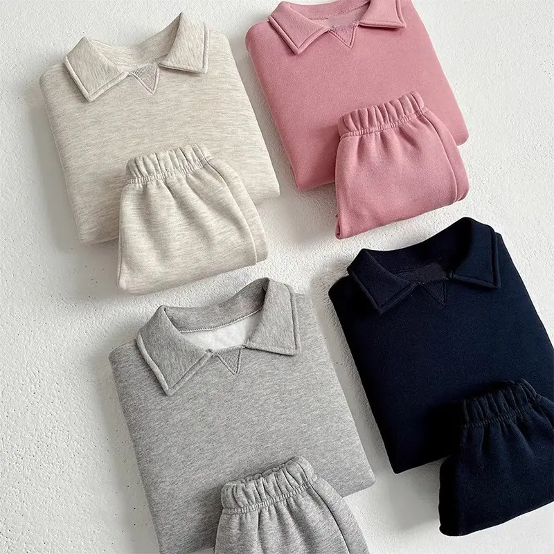 2026 Spring and Autumn New Style Children's Pure Cotton Sports Suit for Boys and Girls, Baby Turn-Down Collar Solid Color Trendy Sweatshirt Two-Piece Set