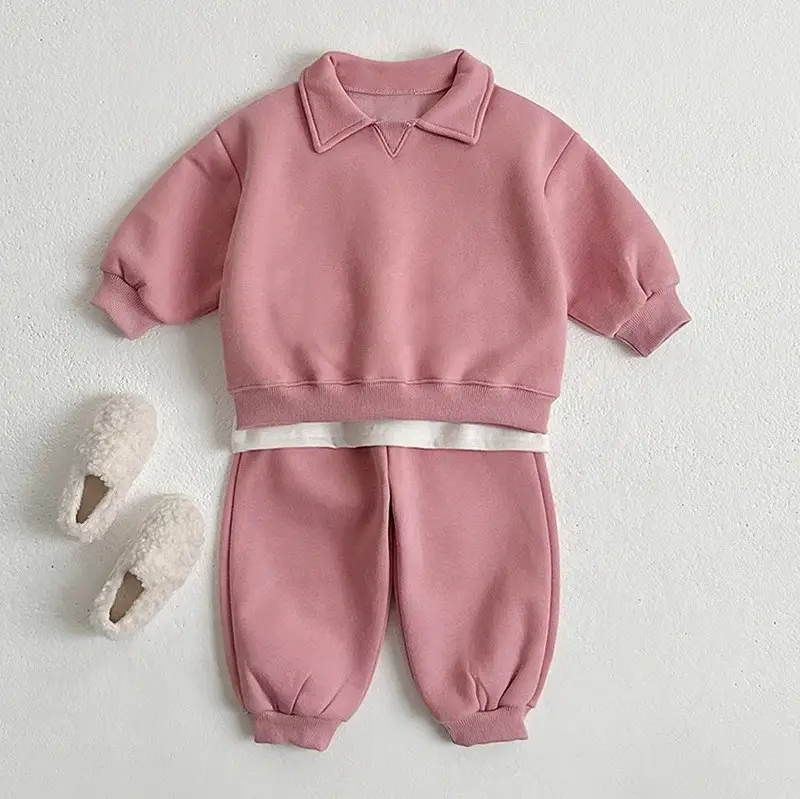 2026 Spring and Autumn New Style Children's Pure Cotton Sports Suit for Boys and Girls, Baby Turn-Down Collar Solid Color Trendy Sweatshirt Two-Piece Set