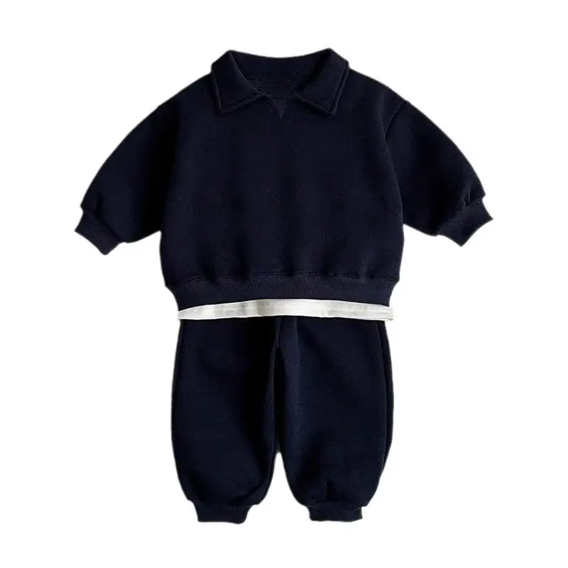 2026 Spring and Autumn New Style Children's Pure Cotton Sports Suit for Boys and Girls, Baby Turn-Down Collar Solid Color Trendy Sweatshirt Two-Piece Set