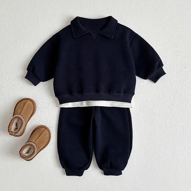 2026 Spring and Autumn New Style Children's Pure Cotton Sports Suit for Boys and Girls, Baby Turn-Down Collar Solid Color Trendy Sweatshirt Two-Piece Set — feature 6