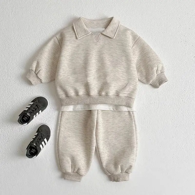 2026 Spring and Autumn New Style Children's Pure Cotton Sports Suit for Boys and Girls, Baby Turn-Down Collar Solid Color Trendy Sweatshirt Two-Piece Set