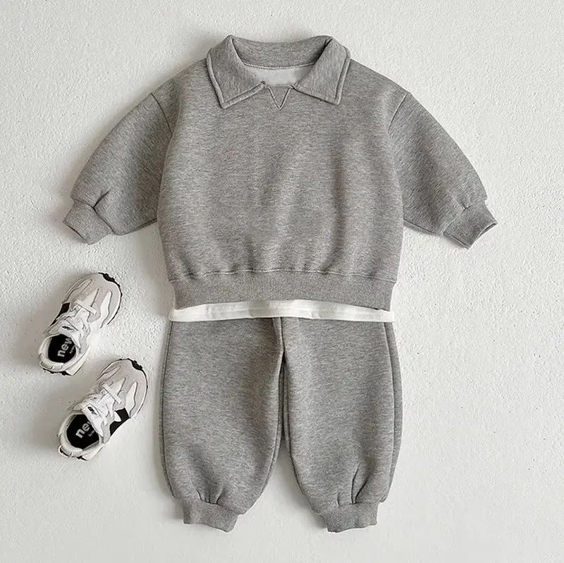 2026 Spring and Autumn New Style Children's Pure Cotton Sports Suit for Boys and Girls, Baby Turn-Down Collar Solid Color Trendy Sweatshirt Two-Piece Set