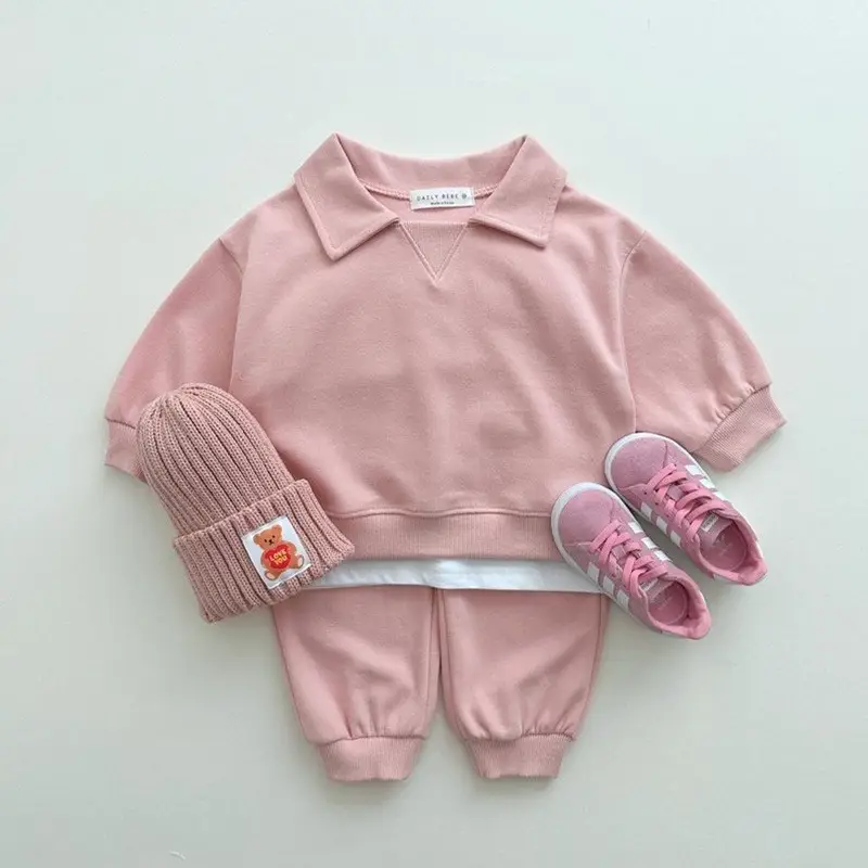 2026 Spring and Autumn New Style Children's Pure Cotton Sports Suit for Boys and Girls, Baby Turn-Down Collar Solid Color Trendy Sweatshirt Two-Piece Set