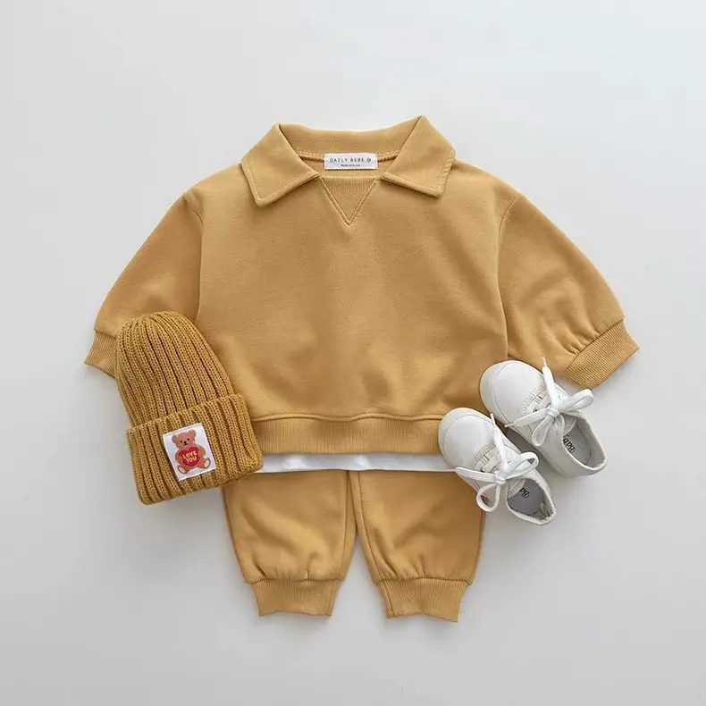 2026 Spring and Autumn New Style Children's Pure Cotton Sports Suit for Boys and Girls, Baby Turn-Down Collar Solid Color Trendy Sweatshirt Two-Piece Set