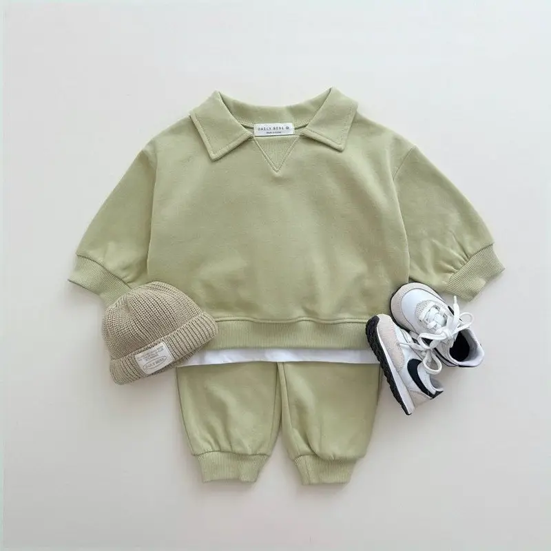 2026 Spring and Autumn New Style Children's Pure Cotton Sports Suit for Boys and Girls, Baby Turn-Down Collar Solid Color Trendy Sweatshirt Two-Piece Set