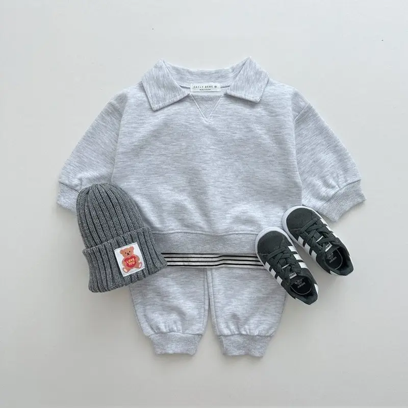 2026 Spring and Autumn New Style Children's Pure Cotton Sports Suit for Boys and Girls, Baby Turn-Down Collar Solid Color Trendy Sweatshirt Two-Piece Set