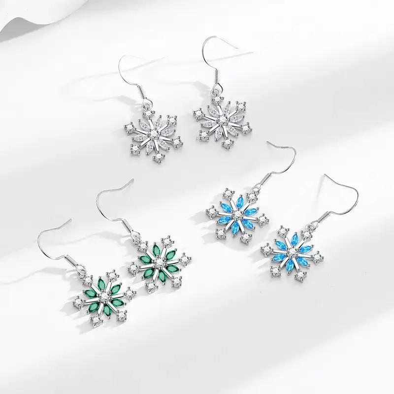 Ice Flower Snowflake Earrings Women Silver Zircon Elegant
