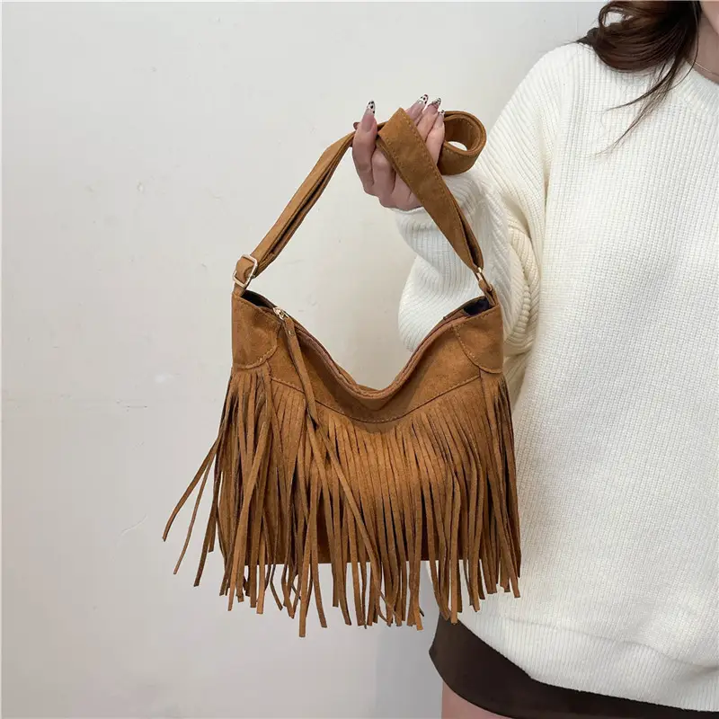 2025 Retro Tassel Shoulder Bag Brown European Style - Image 6