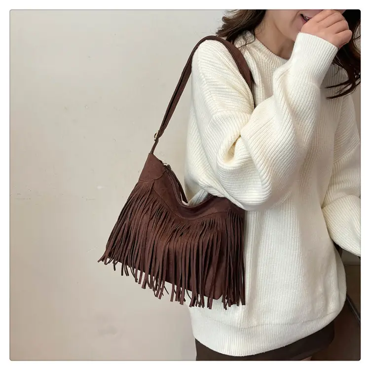 2025 Retro Tassel Shoulder Bag Brown European Style — feature 14