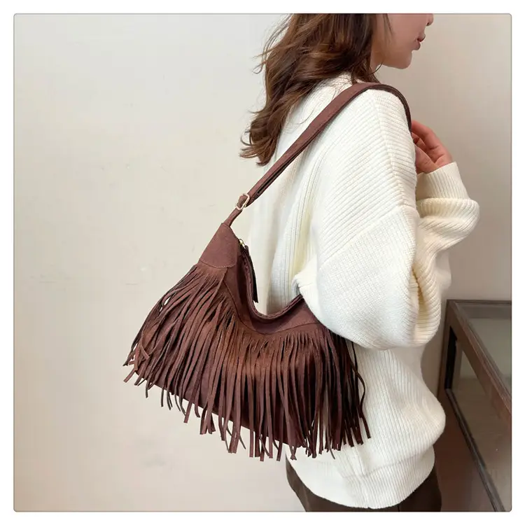 2025 Retro Tassel Shoulder Bag Brown European Style — feature 15